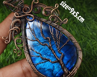 Pierre précieuse labradorite de feu bleu naturel, pendentif enveloppé de fil de cuivre, bijoux en cuivre de grande taille, pendentif de créateur, cadeau de Noël pour Love Girl WW