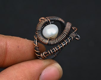 A One Top Quality Gemstone Ring White Pearls GemStone Ring Copper Wire Wrapped Ring, Handmade Rings, Rings For woman, Gift For Her,