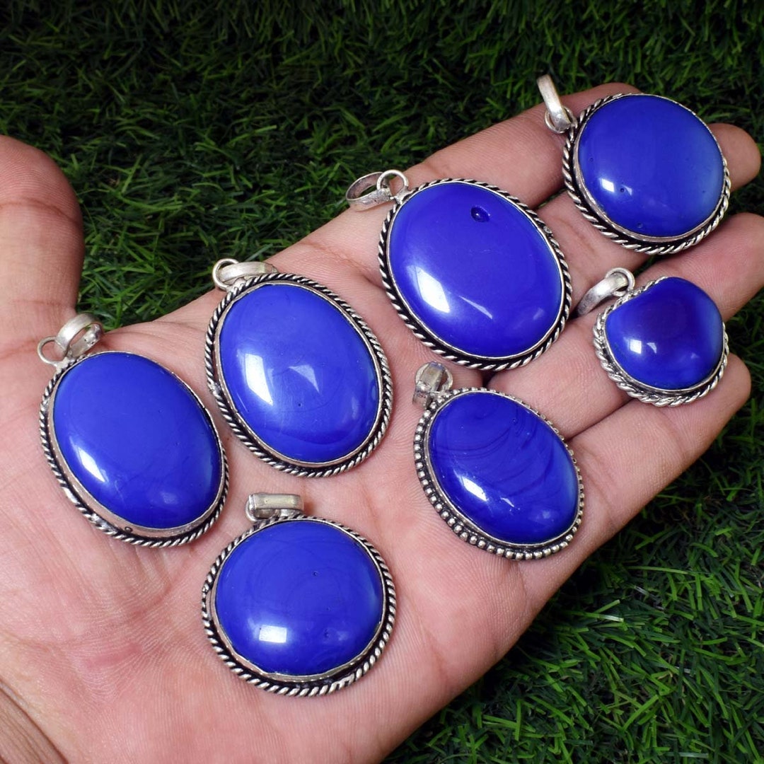 Natural Blue Onyx Gemstone Pendant Silver Plated Pendants Etsy