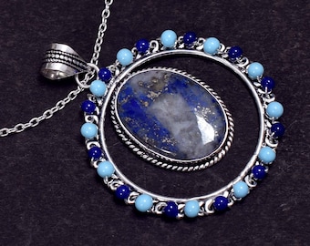 WomeFaceted Lapis lazuli Oval Shape Vintage Jewelry 925 Sterling Silver Plated Pendant Handwork Jewelry Women Ethnic Pendant Gift Women HS.1