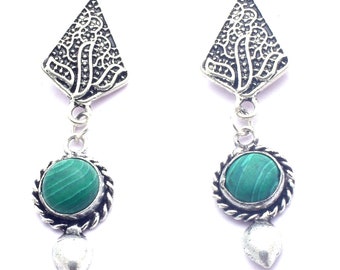 Malachite, Turquoise, Stone Mix Gemstone Silver Plated Antique Handmade Earring Party Wears Women  Designer Jewelry Gift For Her Birthday