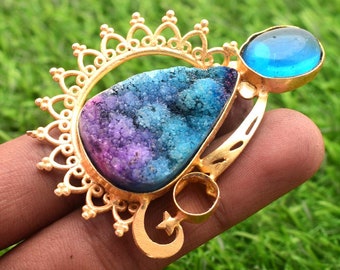 Multi Color Solar Quarz Druzy Edelstein Ring groß vergoldet Ring handgemachter Ring Best Wholesale Ring Herstellung für Schmuck Ringe F-61=70