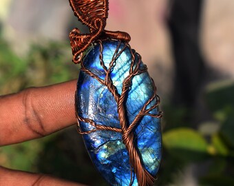 Natural Blue Fire Labradorite Gemstone Copper WIre Wrapped Pendant BIg Size Copper Jewelry Designer Pendant Christmas Gift For Love Girl WW1