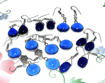 Natural Blue Onyx Earring Silver Plated Brass Wholesale Lot,  Shape & Size Earring, Handmade Blue Onyx Natural Jewelry