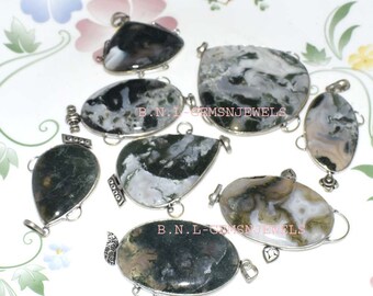 100% Natural Green Moss Agate Pendant Necklace Silver Plated Brass Pendant, Wholesale Lot, Mix Shape & Size Green Moss Agate Pendant Jewelry