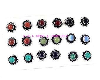 Natural Turquoise & Mix Gemstone Stud Earrings, Silver Plated Stud Earrings, Wholesale Lot, Beautiful Round Gemstone Studs, Cabochon Stone