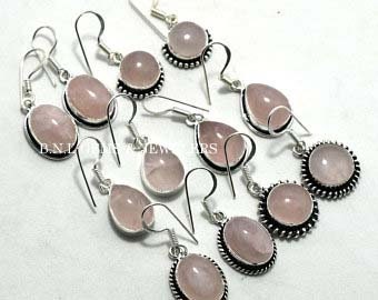 100% Natural Pink Rose Quartz Earring Silver Plated Brass, Wholesale Lot, Mix Shape & Size Earring, Handmade Earring, Jewelry Gifted