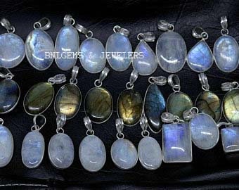 Labradorite Moonstone Gemstone Pendant Necklace Silver Plated Brass Pendant, Wholesale Lot, Mix Shape & Size Labradorite  Pendant  Jewelry