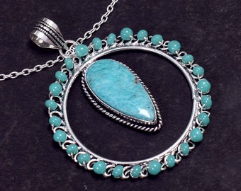 Women Faceted Turquoise  Oval Shape Vintage Jewelry 925 Sterling Silver Plated Pendant Handwork Jewelry Women Ethnic Pendant Gift Women HS.1