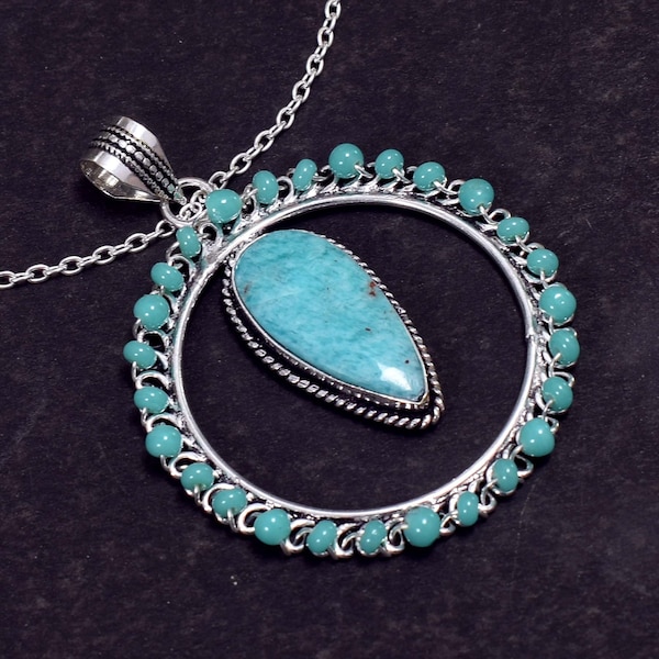 Women Faceted Turquoise  Oval Shape Vintage Jewelry 925 Sterling Silver Plated Pendant Handwork Jewelry Women Ethnic Pendant Gift Women HS.1