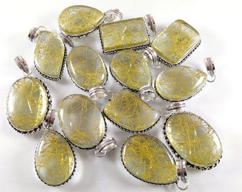 Golden Routile Gemstone Pendant Necklace Silver Plated Brass Pendant, Wholesale Lot Mix Shape & Size Golden Rutile Pendant, Handmade Jewelry