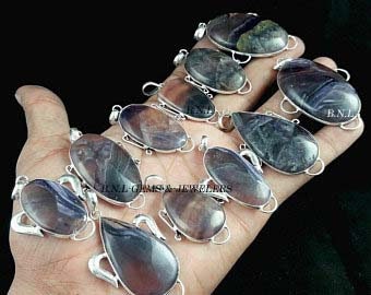 Fluorite Pendant  Natural Gemstone, Silver Plated Handmade Wholesale Lot Mix size & Shape, Unisex Christmas Gift Jewelry