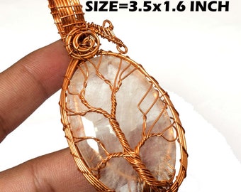 Tree Of Life Crystal Quartz Gemstone Pendant Copper Wire Wrapped Gemstone Pendant Copper Designer Jewelry Gift For Her Handmade Wire Jewelry