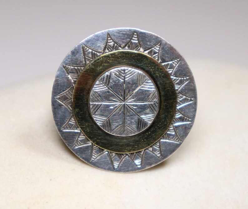 Etched Berber African round ring in tribal silver and bronze