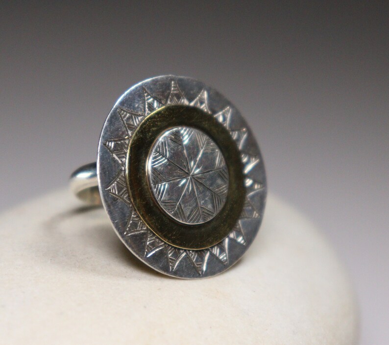 Etched Berber African round ring in tribal silver and bronze