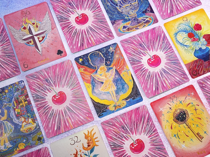 Begränsad upplaga: Cherry Dreamwoven Lenormand-kortlek – Deluxe och Mini, rosa lila kanter (digital guidebok) bild 9