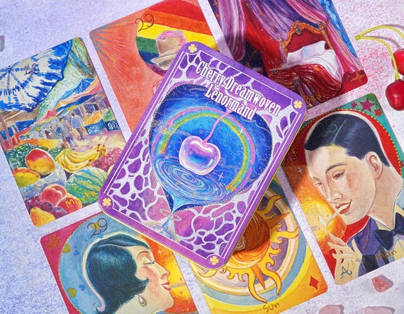 Limited Edition:Cherry Dreamwoven Lenormand Deck – Deluxe & Mini, Pink Purple Edges (Digital Guidebook)