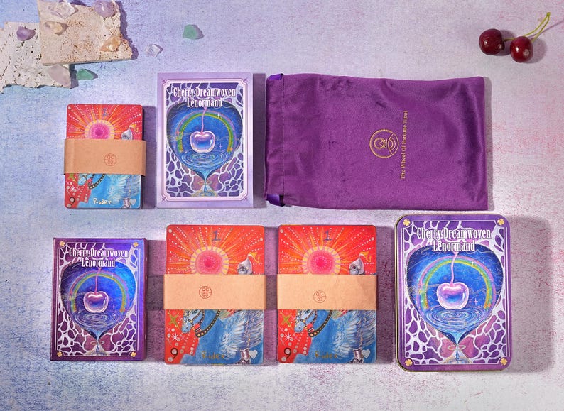 Begränsad upplaga: Cherry Dreamwoven Lenormand-kortlek – Deluxe och Mini, rosa lila kanter (digital guidebok) bild 5