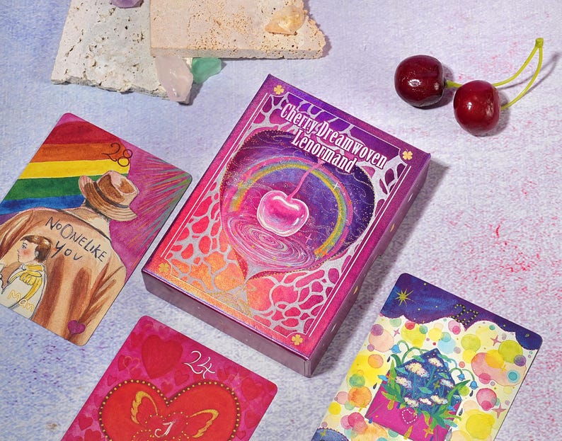 Begränsad upplaga: Cherry Dreamwoven Lenormand-kortlek – Deluxe och Mini, rosa lila kanter (digital guidebok) bild 6