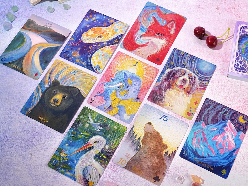 Begränsad upplaga: Cherry Dreamwoven Lenormand-kortlek – Deluxe och Mini, rosa lila kanter (digital guidebok) bild 2