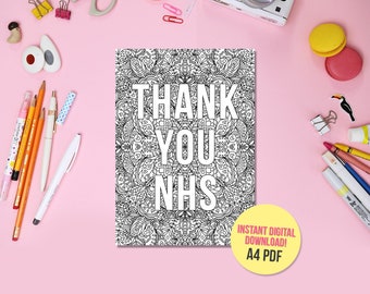 Thank You NHS Printable Colouring Page, Colouring Sheet, Adult Colouring, Instant Download, Mandala Colouring, Downloadable Colouring Sheet