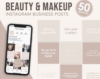 50 Beauty & Makeup Instagram Business Posts, Social Media Posts, Makeup Posts for Instagram, Instagram Template, Beauty Quotes, Makeup Quote