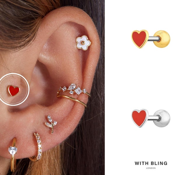 Red Heart Piercing, Titanium Post Barbell Earring, Labret Earring, Curved Barbell Earring, Helix Piercing, Conch Piercing, Tragus Piercing