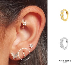 Tiny Triple CZ Huggie Hoop, 6mm Hoop, Tragus Hoop, Rook Hoop, Forward Helix Hoop, Cartilage Hoop, Tiny Hoop Earring, Cartilage Clicker Hoop