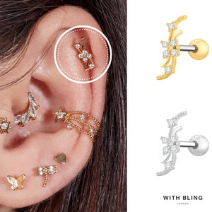 Flower Crawler Titanium Post Barbell Earring, Labret Earring, Curved Barbell Earring, Helix Piercing, Conch Piercing, Tragus Piercing