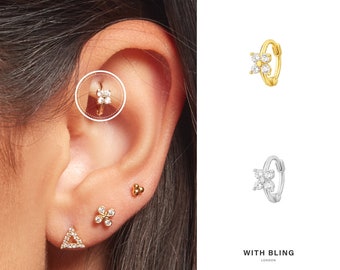 9K Solid Gold Hoop, Tiny Flower Huggie Hoop, 6mm Hoop Gold, White Gold Hoop, Tragus Hoop, Rook Hoop, Forward Helix Hoop, Cartilage Hoop