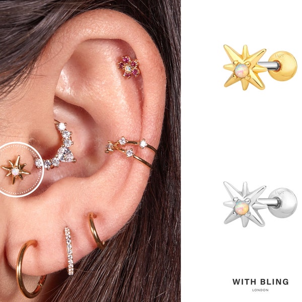 Opal Starlight Titanium Post Barbell Earring, Labret Earring, Curved Barbell Earring, Helix Piercing, Conch Piercing, Tragus Piercing