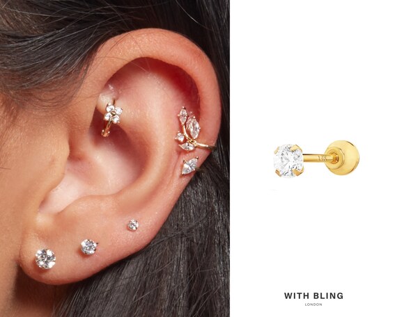 14K Solid Gold 2mm 3mm 4mm Simple Round CZ Barbell 20G 6mm