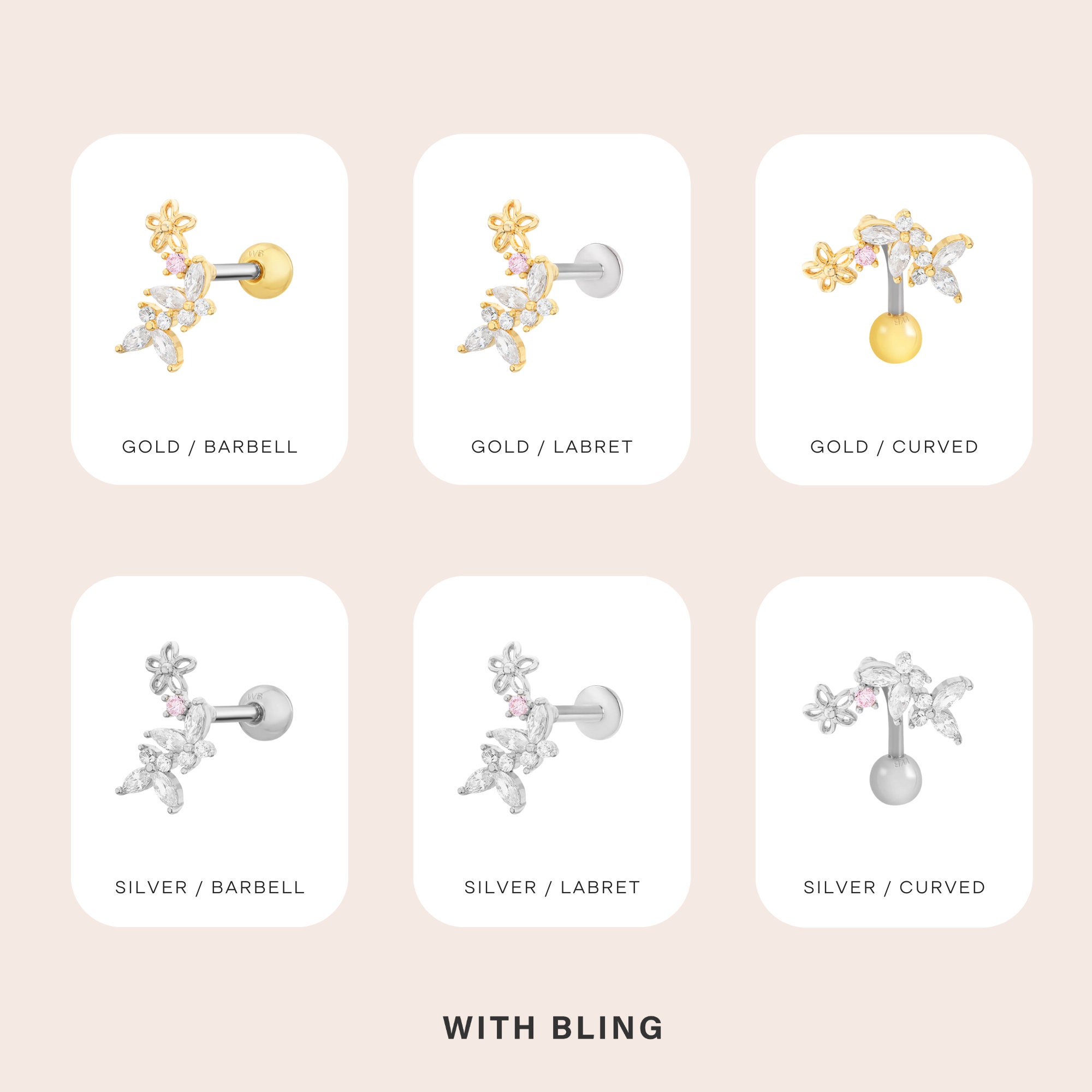 Butterfly Crawler Earring, Titanium Post Barbell Earring, Labret Earring, Curved Barbell Earring, Helix Piercing, Conch Piercing, Tragus