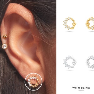 Wreath Earrings, Open Circle Earrings, Leaf Stud Earrings, Botanical Earrings, Plant Earrings, CZ Stud Earrings, Sterling Silver Posts