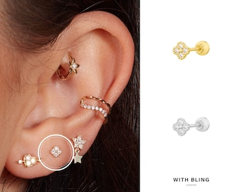 9K Solid Gold Tiny Clover Barbell - 18G, 6mm Length, 9 Karat White Gold, Nickel Free Hypoallergenic, Cartilage Piercing, Helix, Conch, Lobe