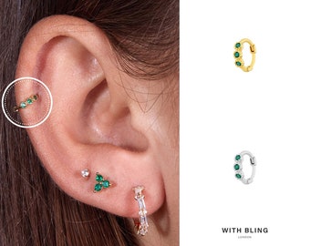 Tiny Triple Green CZ Huggie - 6mm Huggie - Tragus, Forward Helix, Rook