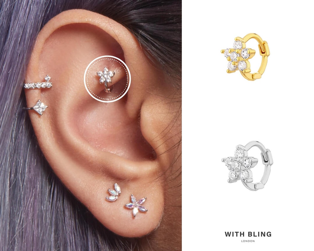 Tiny CZ Flower Huggie Hoop, 6mm Hoop, Tragus Hoop, Rook Hoop, Forward Helix Hoop, Cartilage Hoop, Tiny Hoop Earring, Cartilage Clicker Hoop