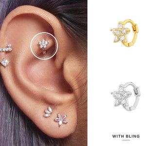 Tiny CZ Flower Huggie Hoop, 6mm Hoop, Tragus Hoop, Rook Hoop, Forward Helix Hoop, Cartilage Hoop, Tiny Hoop Earring, Cartilage Clicker Hoop