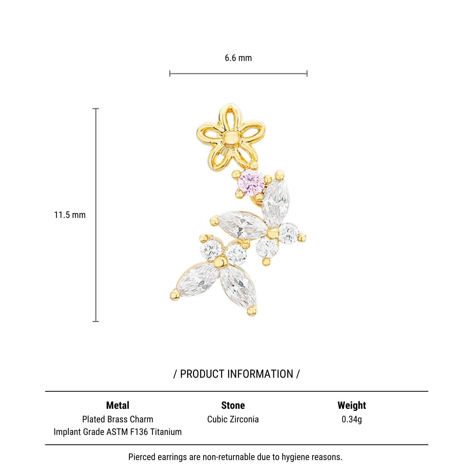 Butterfly Crawler Earring, Titanium Post Barbell Earring, Labret Earring, Curved Barbell Earring, Helix Piercing, Conch Piercing, Tragus