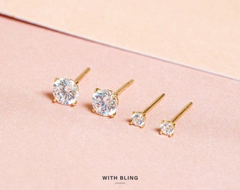 14K Solid Gold 2mm, 3mm, 4mm CZ Stud Oorbellen - Ronde Cubic Zirconia Gold Stud Oorbellen, CZ Diamante Stud Oorbellen, eenvoudige minimalistische hengsten