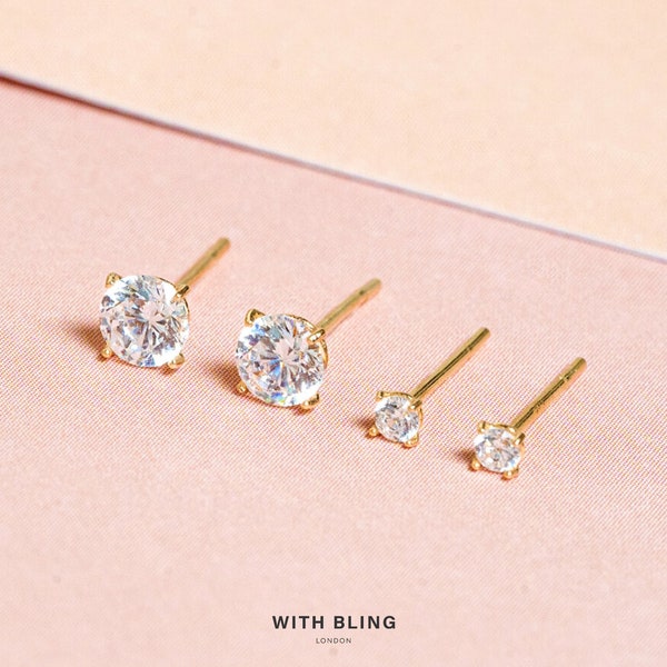 14K Solid Gold 2mm, 3mm, 4mm CZ Stud Earrings - Round Cubic Zirconia Gold Stud  Earrings, CZ Diamante Stud Earrings, Simple Minimalist Studs