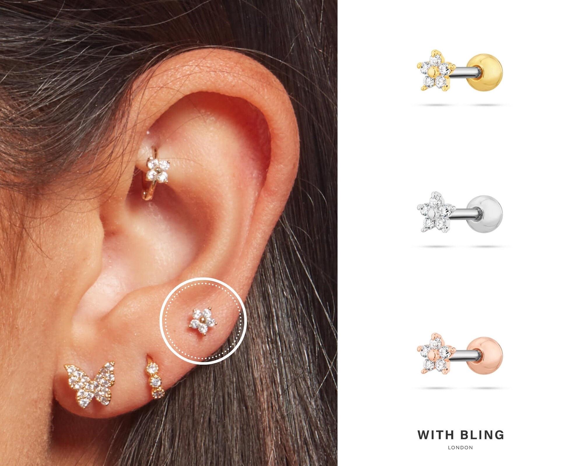 Tiny Flower Earring, Small Flower Stud, Daisy Flower, Piercing Style …