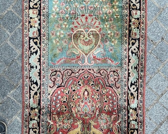 Vintage Kashmir silk rug handmade 73x115 cm