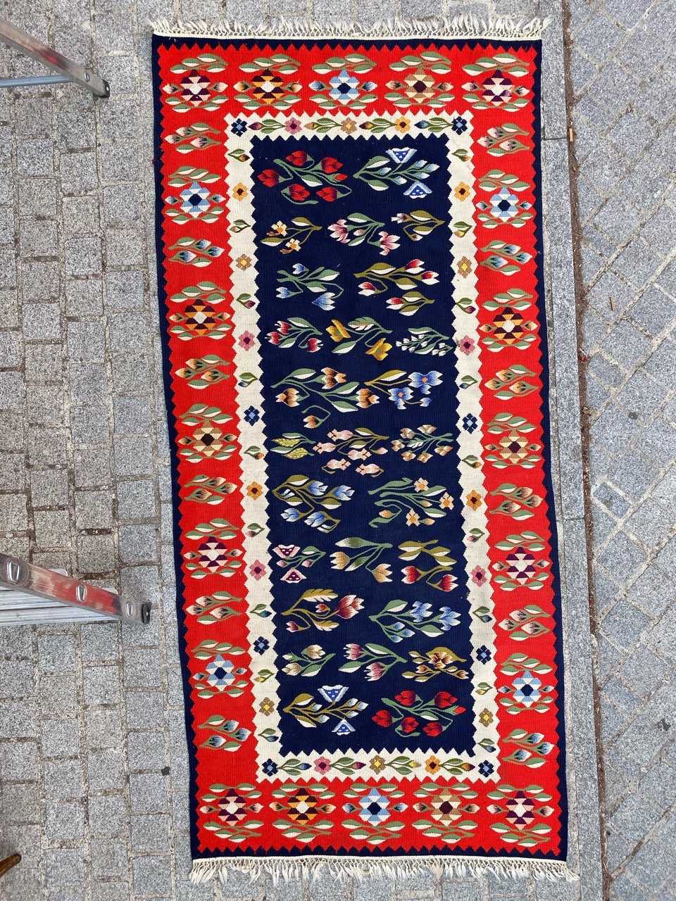 Tapis Kilim Transylvanie Fait Main Laine Vintage 102x216 cm