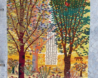 Gran tapiz egipcio vintage de la escuela Wissa Wassef hecho a mano 208x298 cm