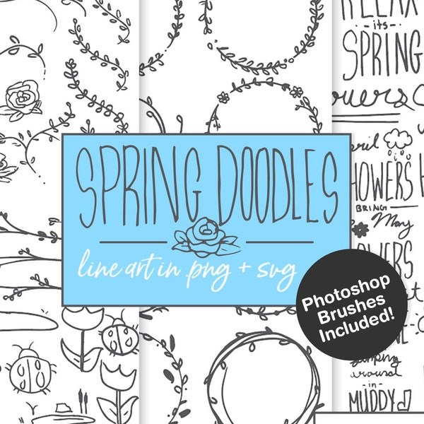 SPRING DOODLES BUNDLE, hand-drawn, frames, flora, lineart, clipart, rustic, spring, drawn, doodle, png, svg, photoshop, brushes, cute