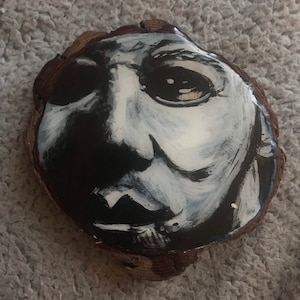 Hand painted Michael Myers on a wooden slice coaster
