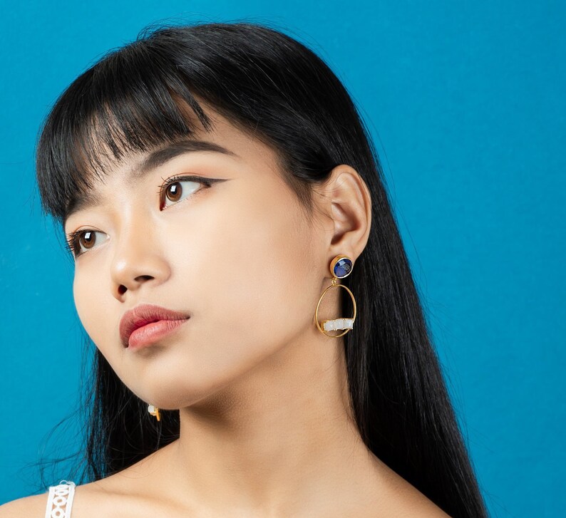 Hoop Earrings Dainty Hoops Modern Jewellery 18KGold Plated Hoops.Party Jewl Blue Topaz Hydro Hoops Pushback Hoops Moonstone Blue Hoops