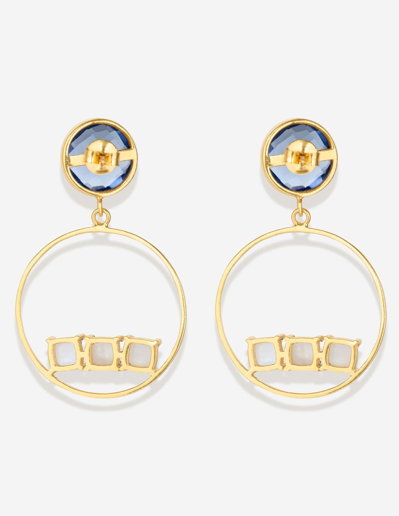 Hoop Earrings Dainty Hoops Modern Jewellery 18KGold Plated Hoops.Party Jewl Blue Topaz Hydro Hoops Pushback Hoops Moonstone Blue Hoops