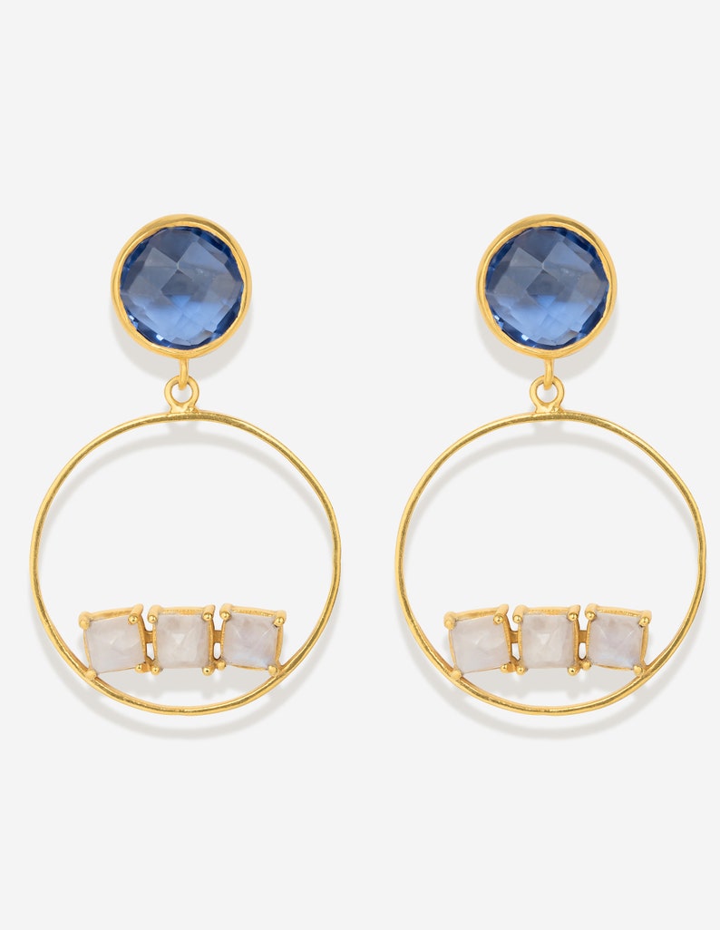 Hoop Earrings Dainty Hoops Modern Jewellery 18KGold Plated Hoops.Party Jewl Blue Topaz Hydro Hoops Pushback Hoops Moonstone Blue Hoops